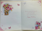 Open Female Birthday - Cute Bear Holding Pink Flowers Present