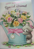 Friend Birthday - Cute Bear Flowers In Blue Watering Can