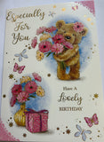 Open Female Birthday - Cute Bear Holding Pink Flowers Present