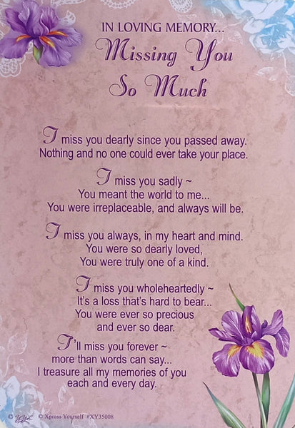 Grave Card Missing you so much Purple Flowers