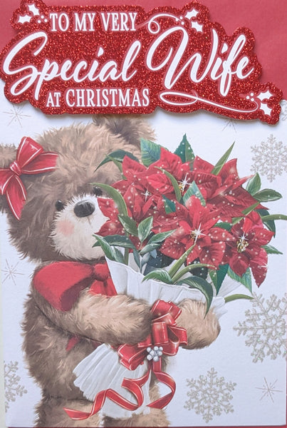 Wife Christmas - Platinum Cute Bear Holding Bouquet