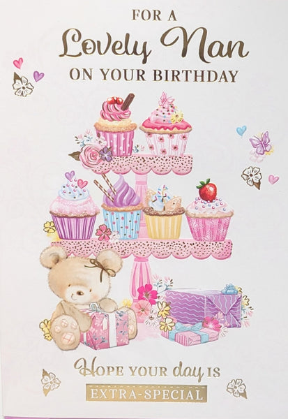Nan Birthday - Cute Bear With Cupcakes