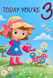 3 Girl Birthday - Girl Watering Flowers