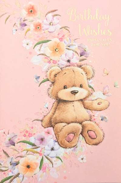Open Female Birthday - Cute Brown Bear With Flowers