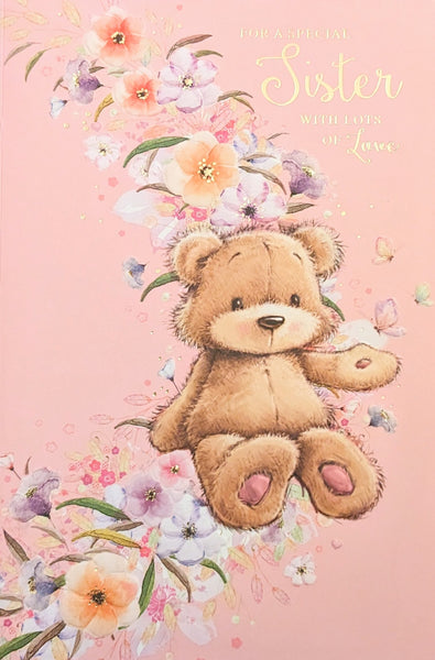 Sister Birthday - Cute Brown Bear With Flowers