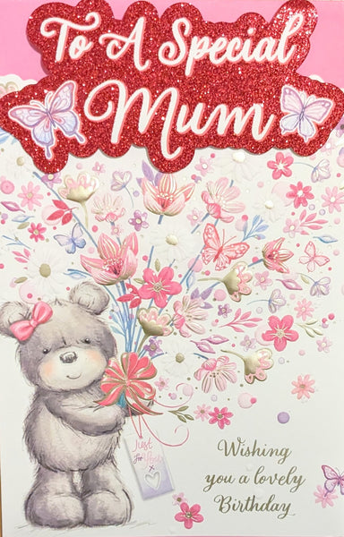Mum Birthday - Platinum Cute Bear With Flowers