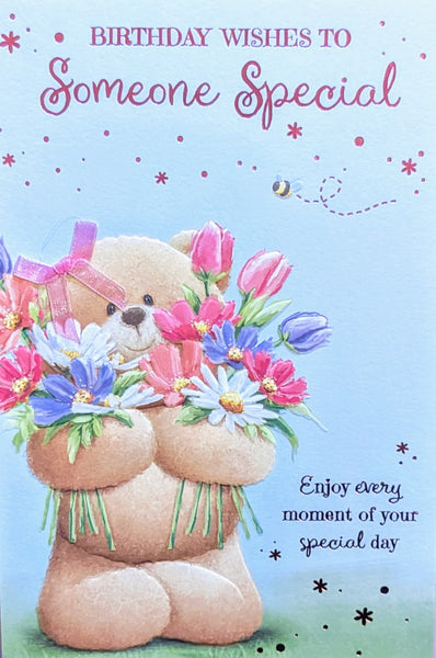 Someone Special Birthday - Cute Bear Holding Flowers
