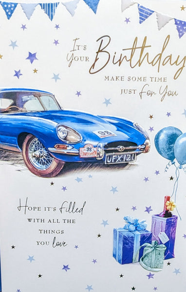 Open Male Birthday - Blue Car & Balloons