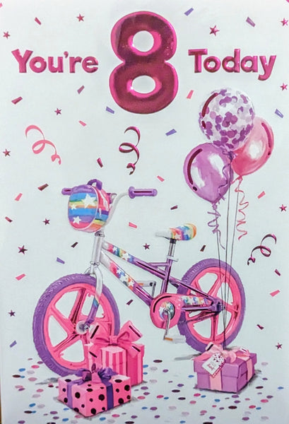 8 Girl Birthday - Purple Bike & Balloons