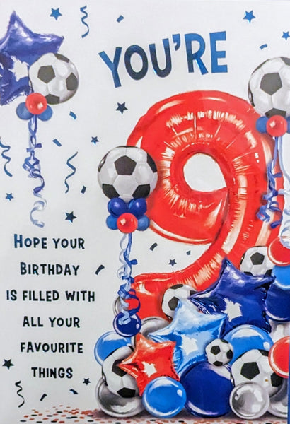 9 Boy Birthday - Red Balloon & Footballs