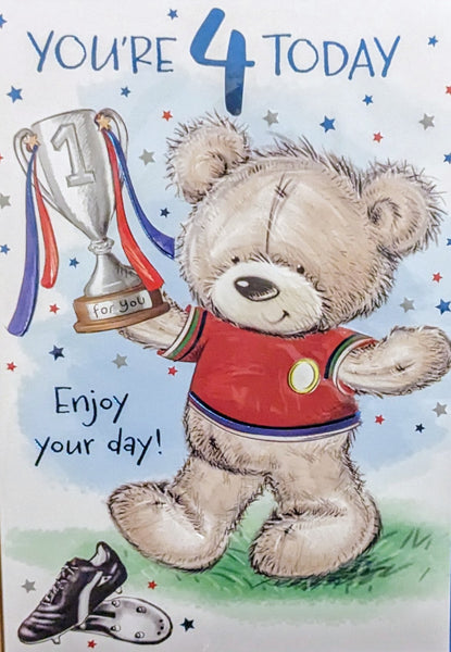 4 Boy Birthday - Cute Bear With Trophy