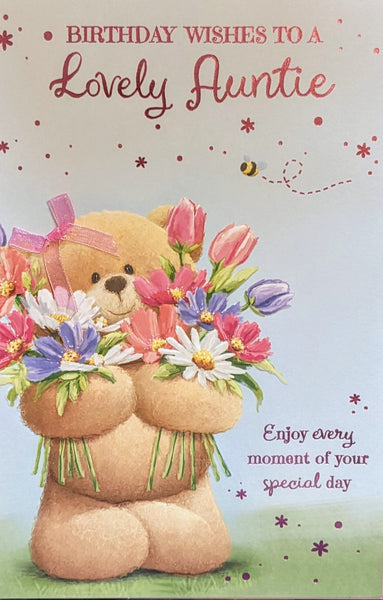 Auntie Birthday - Cute Bear Holding Flowers