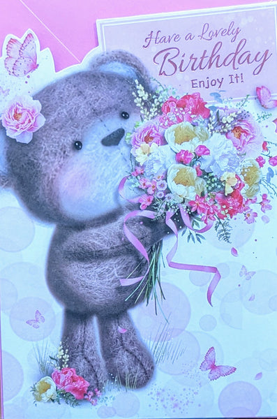 Open Female Birthday - Cute Bear With Bouquet