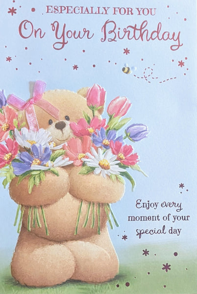 Open Female Birthday - Cute Bear Holding Flowers