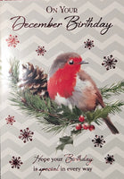 December Birthday Card - Robin & Pine Cone