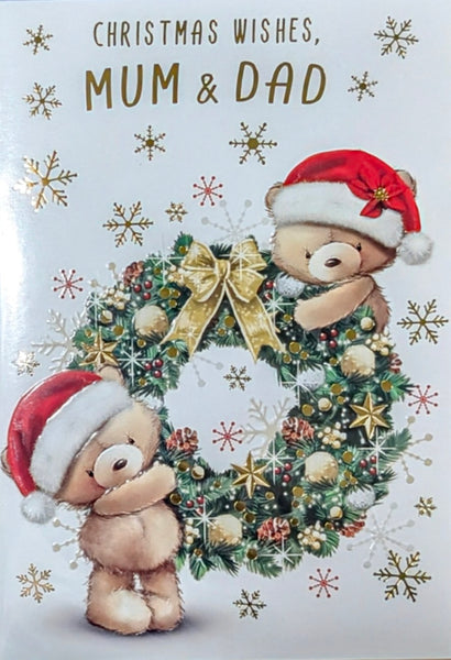 Mum & Dad Christmas - Cute Wreath With Gold Bow