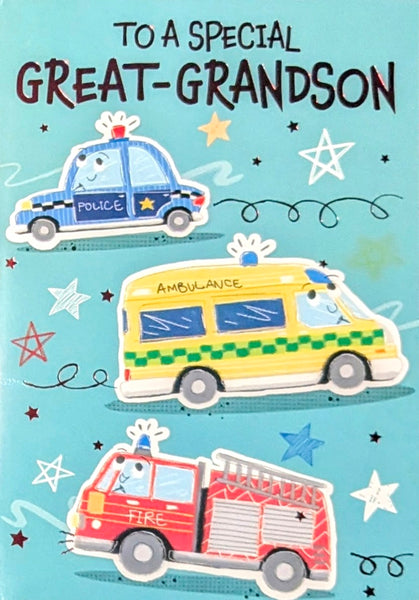 Great Grandson Birthday - Emergency Vehicles Blue