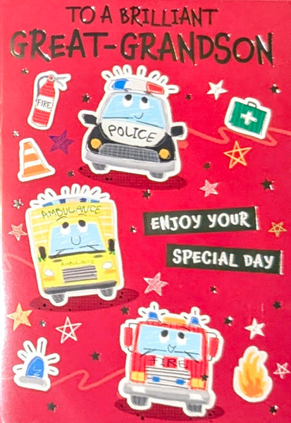 Great Grandson Birthday - Emergency Vehicles Red