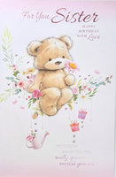 Sister Birthday - Cute Bear Sat On Flowers