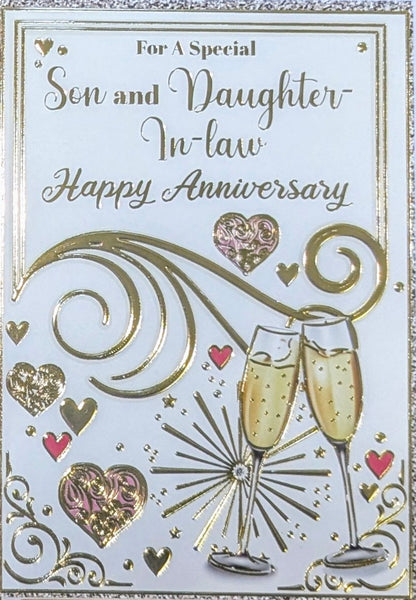 Son & Daughter In Law Anniversary - Champagne Glasses & Hearts