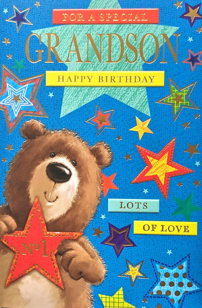 Grandson Birthday - Cute Brown Bear & Stars