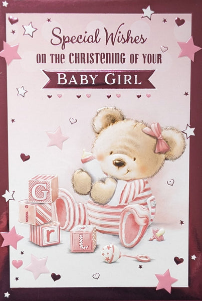 Girls Christening - Cute Bear With Blocks