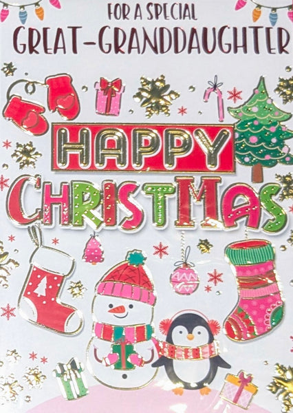 Great Granddaughter Christmas - Snowman & Penguin Happy