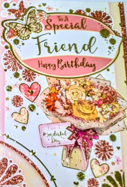 Friend Birthday - Traditional Flowers Bouquet & Hearts