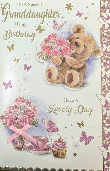 Granddaughter Birthday - Large Cute Flowers & Cupcake