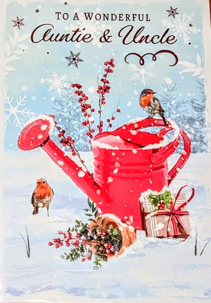 Auntie & Uncle Christmas - Traditional Robins On Watering Can