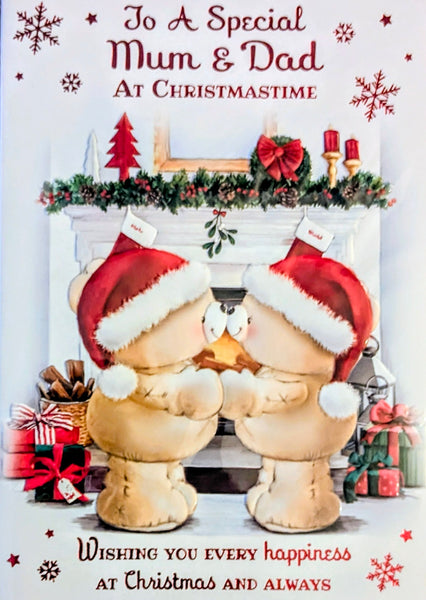 Mum & Dad Christmas - Cute Bears & Fireplace