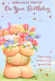 Open Female Birthday - Cute Bear With Bouquet Blue