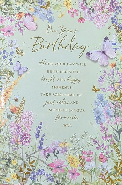 Open Female Birthday - Traditional Flowers & Words Green