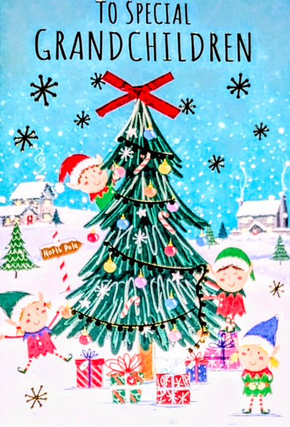Grandchildren Christmas - Cute Elves & Tree