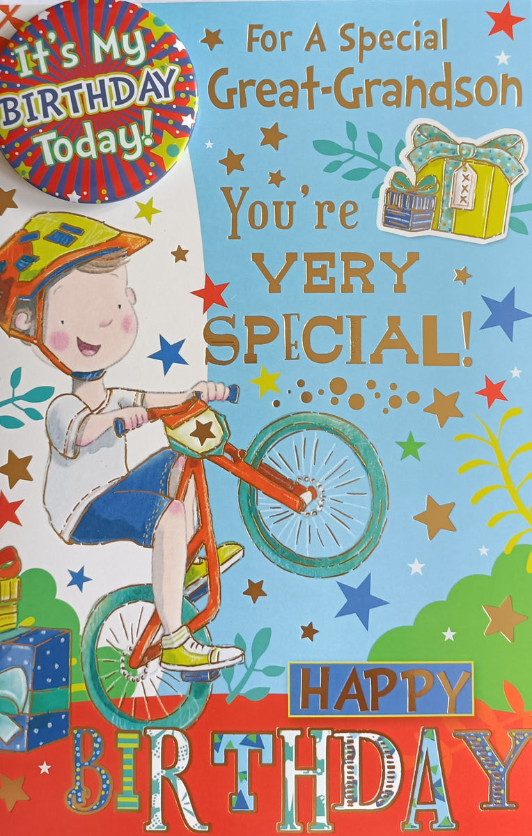 Great Grandson Birthday - Badged Boy On Bike – Cards Delights