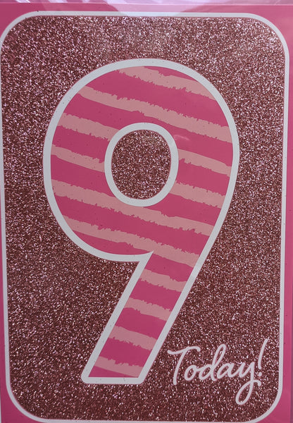 9 Girl Birthday - Pink Glitter & Stripes
