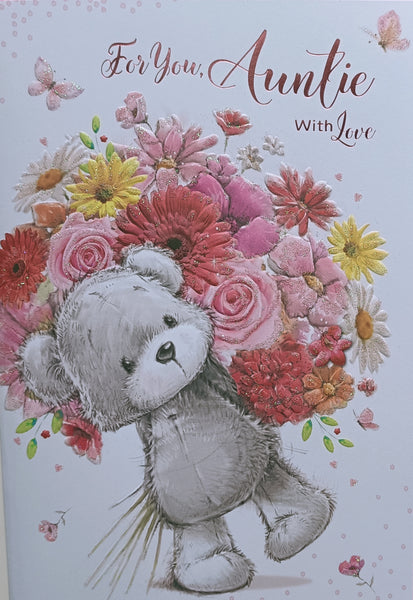 Auntie Birthday - Grey Bear With Pink Bouquet