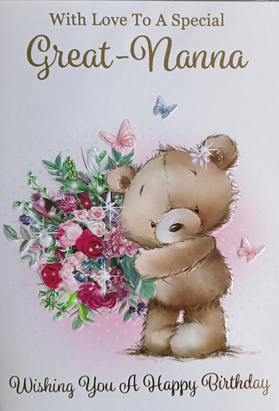 Great Nanna Birthday - Cute Bear Holding Bouquet On Left