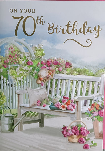 70 Birthday Female - Bench & Pink Flowers