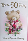 50 Birthday Female - Bear Holding Rose Bouquet