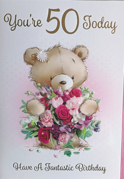 50 Birthday Female - Bear Holding Rose Bouquet