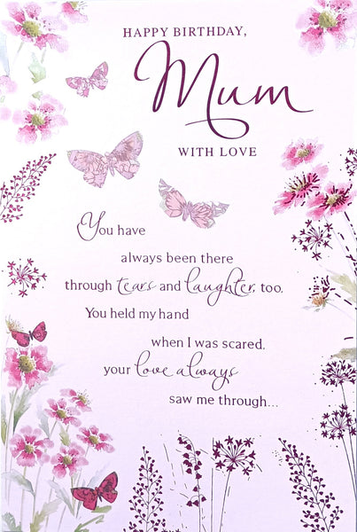 Mum Birthday - Pink Butterfly & Flowers Words