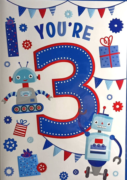 3 Boy Birthday - Robots Blue & Red Bunting
