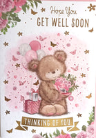 Get Well Soon - Cute Bear Holding Bouquet