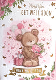 Get Well Soon - Cute Bear Holding Bouquet