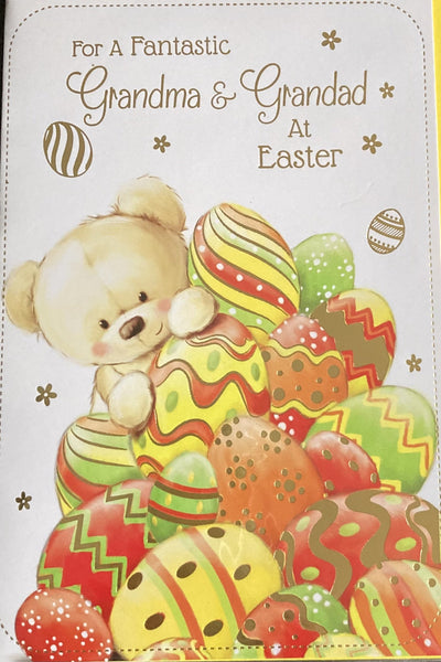Easter Grandma and Grandad-Cute teddy behind egg